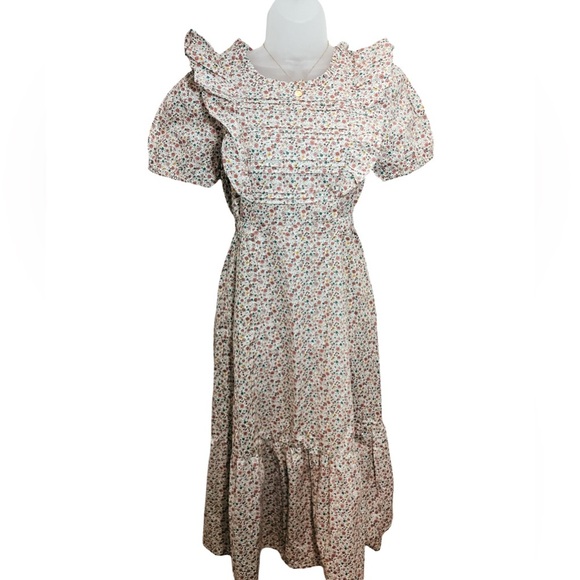 Calivta Floral Feminine Ruffle Midi Dress with waist tie - Picture 3 of 5